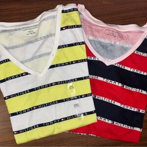 2 Tommy Hilfiger Striped V-Neck Shirts - Yellow and Red